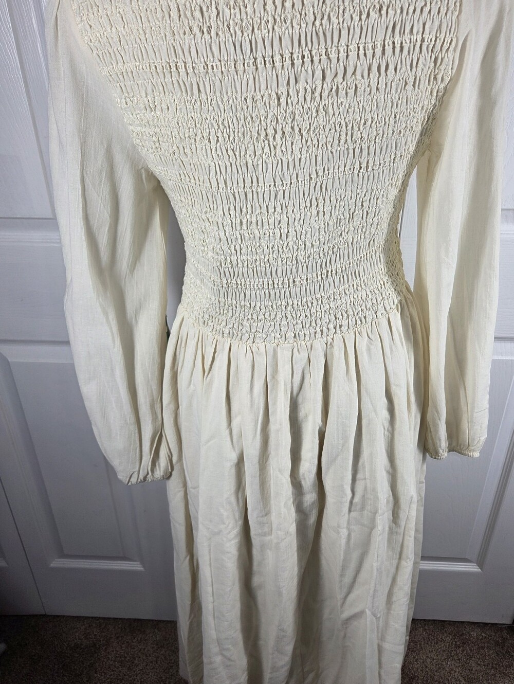 Bohme NWT Cream Smocked Midi Dress Long Sleeve Cottagecore M - Picture 4 of 14